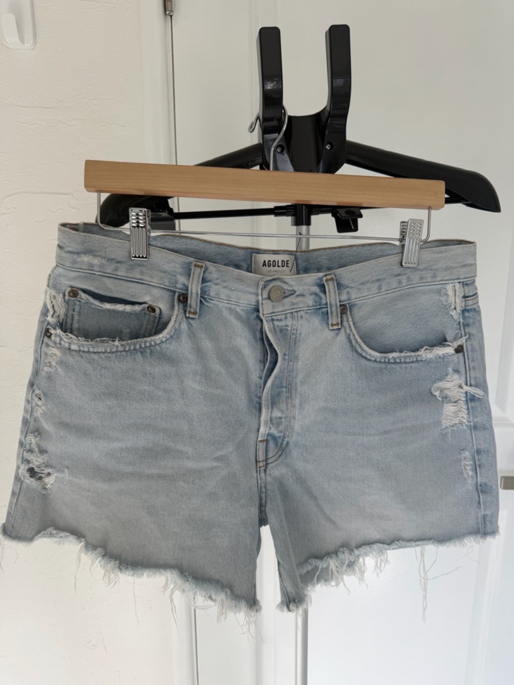 Agolde Light Blue Distressed Denim Cutoff Shorts